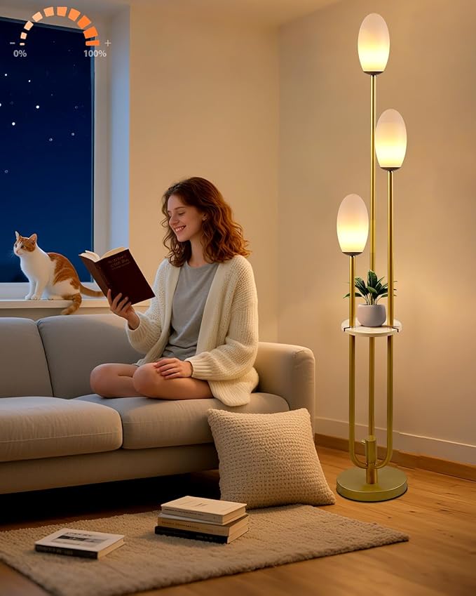 ACOHOOK Gold Dimmable Floor Lamp with Table, Unique Candle Holder Style Tall Standing Lamps with 3000K G9 Bulbs for Reading, Mid Century Modern Floor Lamp for Living Room Bedroom Office