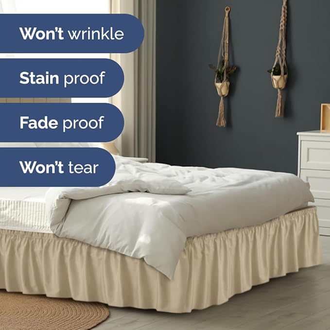 Wrap Around Dust Ruffle Bed Skirt - Beige - for Queen Size Beds with 15 Inch Drop - Easy Fit Elastic Strap - Adjustable Pleated Bedskirt w/Brushed Fabric - Wrinkle Free - for Women, Men, Kids & Teens