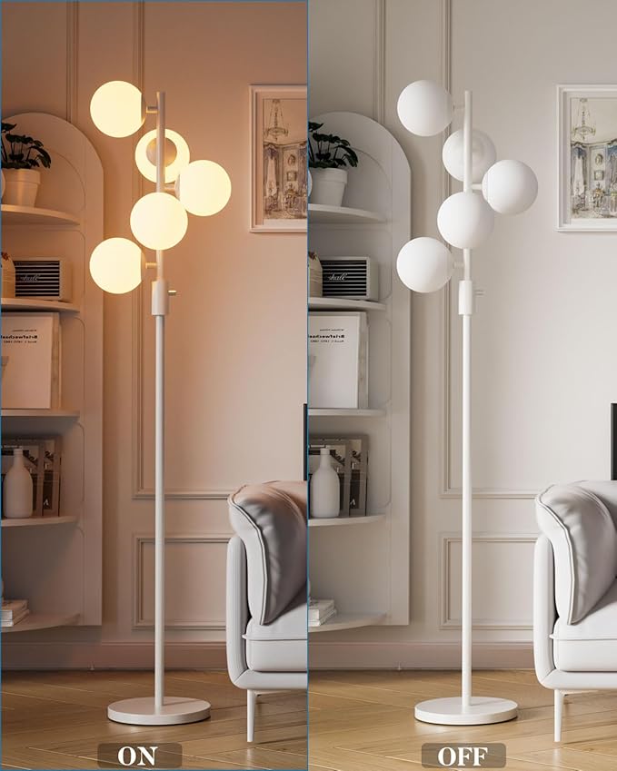 ACOHOOK 64IN Dimmable White Floor Lamp, Tall Standing Lamps with 5 Globe Soft Warm White Eye Care 3000K G9 Bulbs, Mid Century Modern Floor Lamp for Living Room Bedroom Office