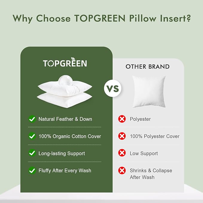 TOPGREEN Feathers Down Throw Pillow Inserts 16 x 16, Set of 2, 100% Organic Cotton Shell, Soft Decorative Square Pillows Insert for Living Room Sofa, Couch, or Bed (White)