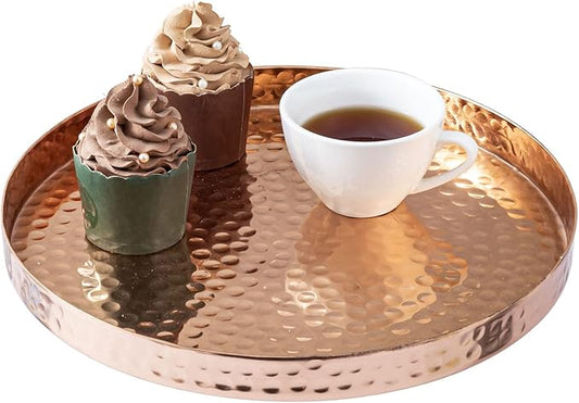 MyGift 11 Inch Deluxe Hammered Copper Kithchen Accessories Tray - Aluminum Plated Copper Platter and Vanity Tray - Handcrafted in India