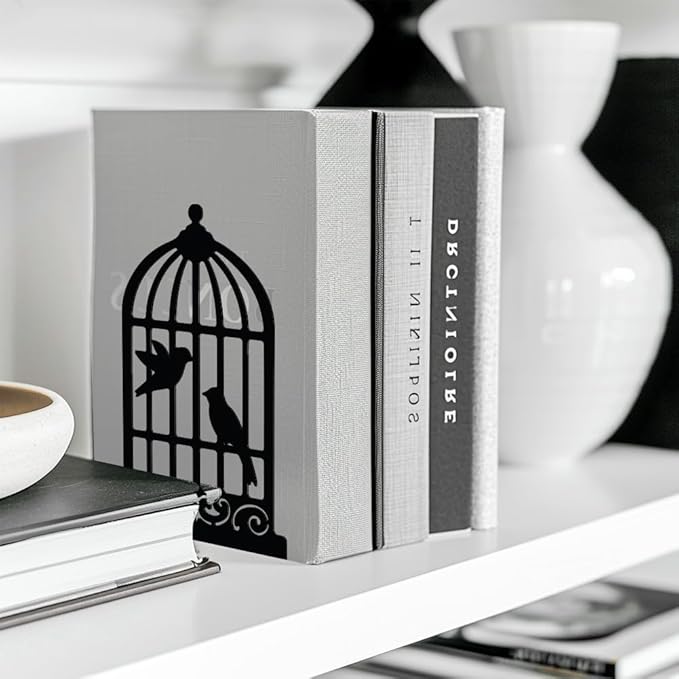 Peacoblue Metal Bookends for Shelves, Modern Decorative Heavy Duty Study Book Support Stoppers for Office, Desk, Shelf, Room 5.3"x4.3"x7.9" Cast Iron Simple Tall Bookends, 1 Pair (Birdcage and Bird)