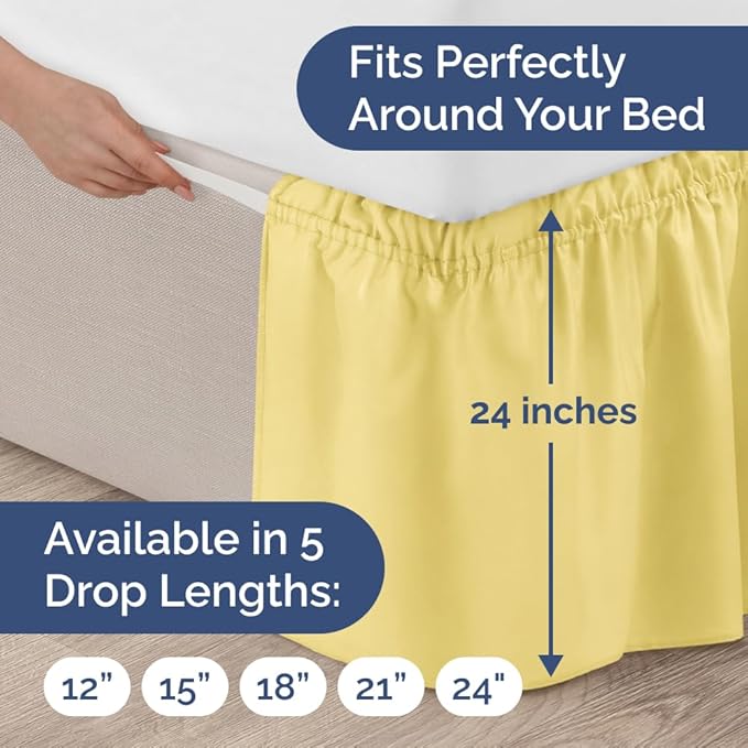 Wrap Around Dust Ruffle Bed Skirt - Yellow - for Queen Size Beds with 24 Inch Drop - Easy Fit Elastic Strap - Adjustable Pleated Bedskirt w/Brushed Fabric Wrinkle Free - for Women, Men, Kids & Teens