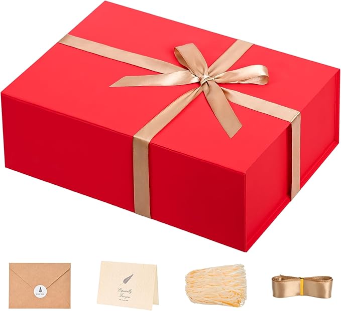 LIFELUM Red Christmas Gift Box 13.85 x 8.35 x 4.45 inch Large Gift Boxes with Magnetic Closure Luxury for Gifts Box Contains Card, Ribbon, Shredded Paper Filler Wedding, Halloween, Birthday