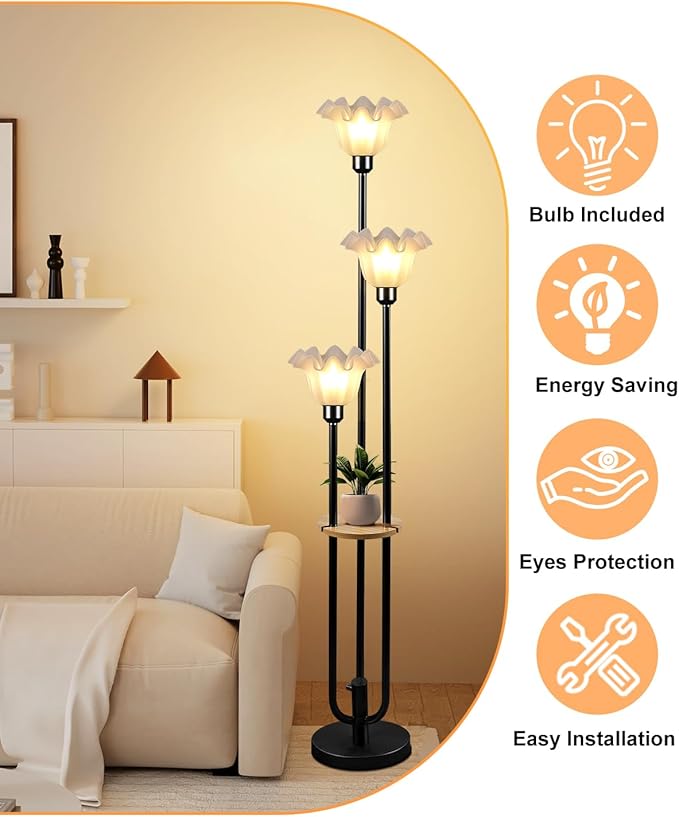 ACOHOOK Flower Floor Lamp for Living Room, Dimmable Vintage Floor Lamp with Shelf &3 LED Bulbs, 3 Light 3000K Soft Warmwhite Mid Century Black Standing Lamp, Floral Tall Lamp for Bedroom Office