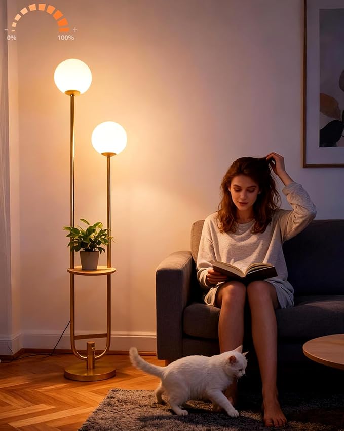 Lightdot 63IN Gold Floor Lamp with U Pole, 2 Globe Mid Century Standing Lamps with Warm White LED Bulbs, Unique Vintage Tall Floor Lamp for Living Room/Wedding/Party