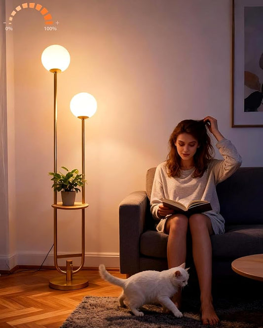 Lightdot 63IN Gold Floor Lamp with U Pole, 2 Globe Mid Century Standing Lamps with Warm White LED Bulbs, Unique Vintage Tall Floor Lamp for Living Room/Wedding/Party
