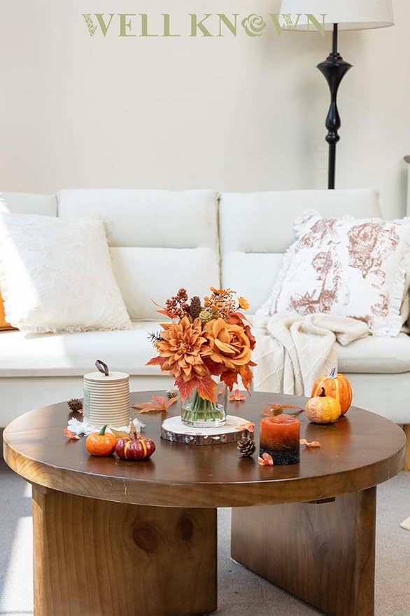 WELL KNOWN Artificial Flowers in Glass Vase, Burnt Orange Silk Rose Dahlia Flower Pine Berry Bouquet with Fake Water for Winter Home Dinning Coffee Table Wedding Chritmas Party Kitchen Decor & Gift