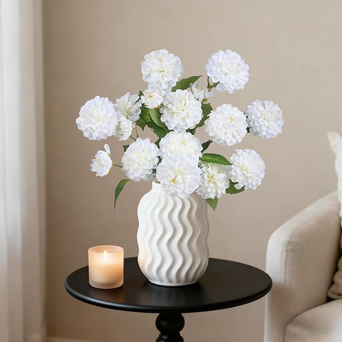 6Pcs Fake Artificial Pompon Mums Flowers Indoor with Long Stems Ball Chrysanthemum Faux Silk Flowers for Vase Floral Arrangement for Spring Home Decor Centerpieces for Table Kitchen Decoration