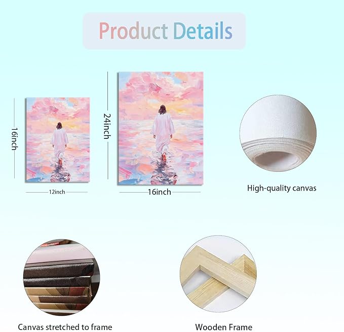 Pink Jesus Walking On Water Wall Art Religious Christian Oil Painting Canvas Wall Decor Religious Savior Poster Aesthetic Pictures for Living Prayer Room Church Bedroom 16x24 in Framed