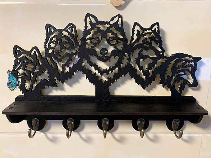 KingLive Wolf Wall Mount Coat Rack,Animal Wall Shelf with Heavy Duty Coat Hooks, Home Living Room Bedroom Decor for Hallway Kitchen Office Entryway, Wolf Wall Hook Gifts for Men(5 Hooks)