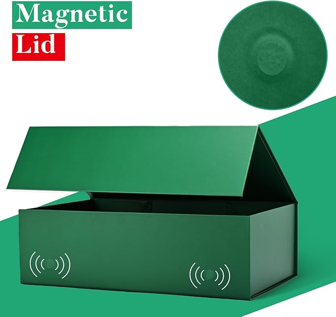 LIFELUM 5 Pack Christmas Gift Boxes Large Green Boxes of Gifts 13.85 x 8.35 x 4.45 inch Gift Boxes with Strong Magnetic Lid for Presents Contains Card, Ribbon, Filler,Sticker