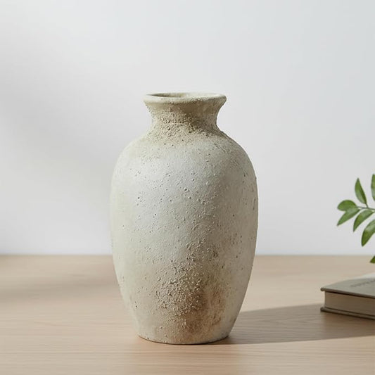 Ceramic Flower Vase Home Decor – 8.3 Inches Pottery Rustic Farmhouse Bottle Vase for Table Centerpiece, Shelf & Mantel, Beige