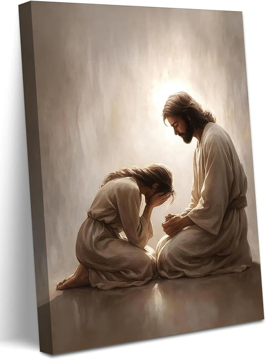 Jesus and Woman Wall Art, Christian Repentance and Forgiveness Canvas Painting, Sacred Heart Biblical Wall Decor Pictures Religious Poster Prints for LDS Home Living Room Prayer Room 12×16 in Framed