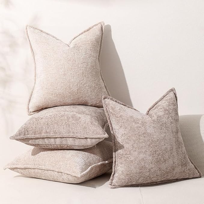 DEZENE Pack of 2 Tan Euro Shams Pillow Covers 26x26 Cozy Soft Chenille Decorative Throw Pillow Covers Accent Vintage Square Couch Pillow Covers for Home Decor Bed Sofa Living Room