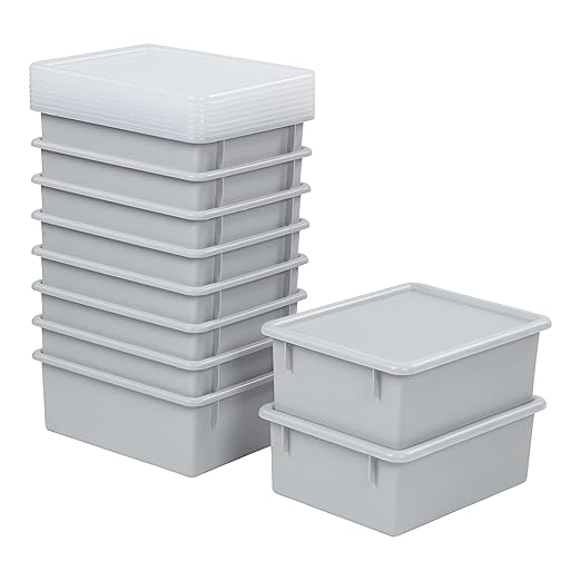ECR4Kids Letter Size Deep Tray with Lid, Storage Bin, Light Grey, 10-Piece