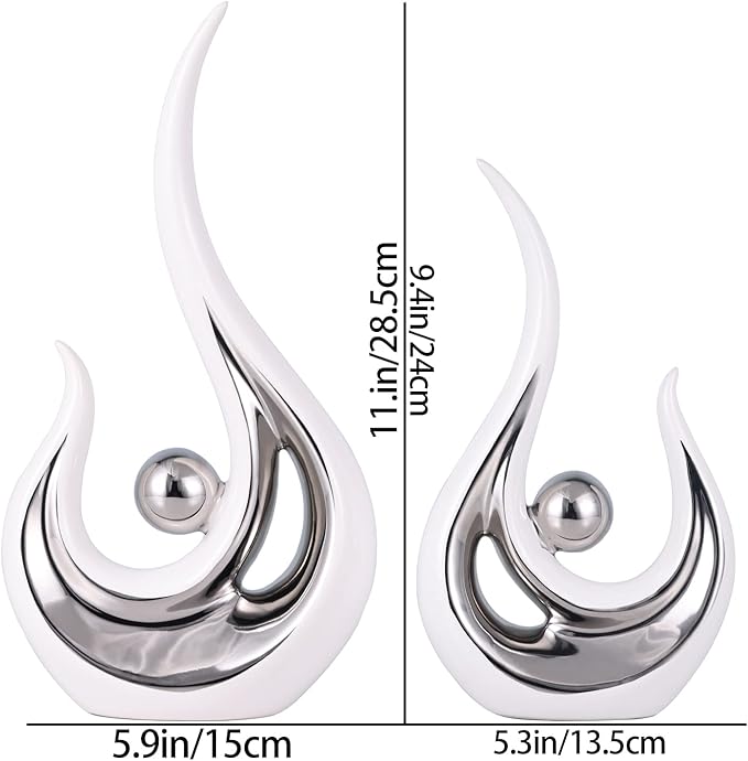 DOVDOV Abstract Ceramic Statues Set of 2, Silver and White Home Decor, Now Decorative Centrepieces, Consoles, Shelves, Dining Table Centrepieces, Entry Table Decor Aesthetics
