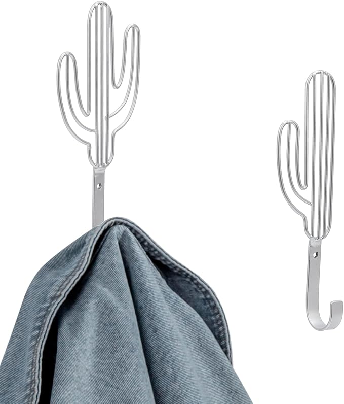 MyGift Wall Mounted Modern Silver Tone Metal Coat Hooks with Wire Saguaro Cactus Matching Shapes for Hanging Hats Coats Towels Leashes Keys, 2 Piece Set