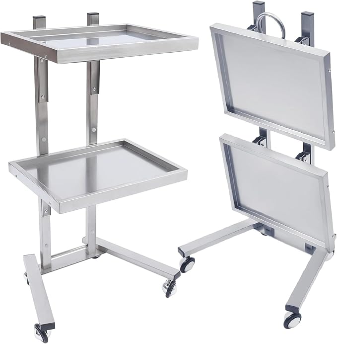 2-Tray Metal Rolling Cart, Stainless Steel Salon Tray Trolley, Foldable Utility Carts Quiet Lockable Wheels, Salon Trolley for Beauty Spa Esthetician dentals Tools, Cavitation Machine, Silver