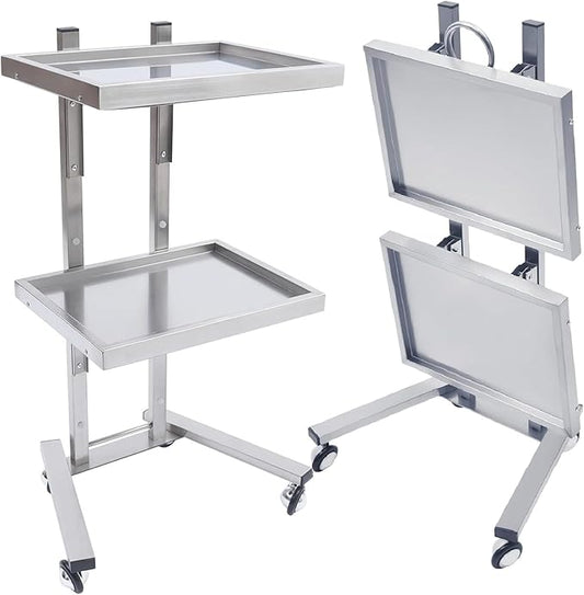 2-Tray Metal Rolling Cart, Stainless Steel Salon Tray Trolley, Foldable Utility Carts Quiet Lockable Wheels, Salon Trolley for Beauty Spa Esthetician dentals Tools, Cavitation Machine, Silver
