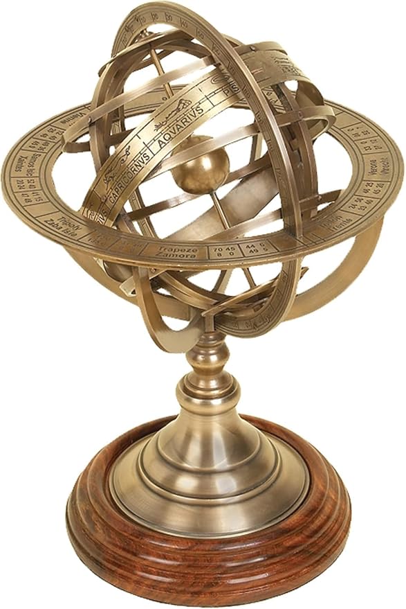 Antique Vintage Zodiac Armillary Brass Sphere Globe Wooden Display | Antique Ship Décor (12 Inch)
