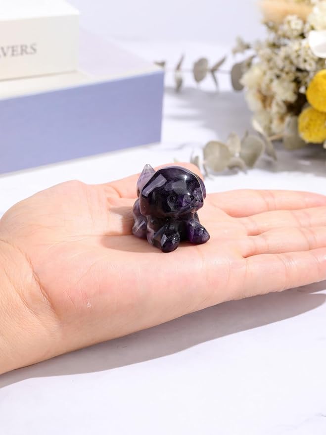Jovivi Natural Amethyst Crystal Lying Dog Statue Home Decor Carved Mini Gemstone Puppy Dog Figurines Pocket Sculpture Reiki Healing Stones Decorative Ornament Gift