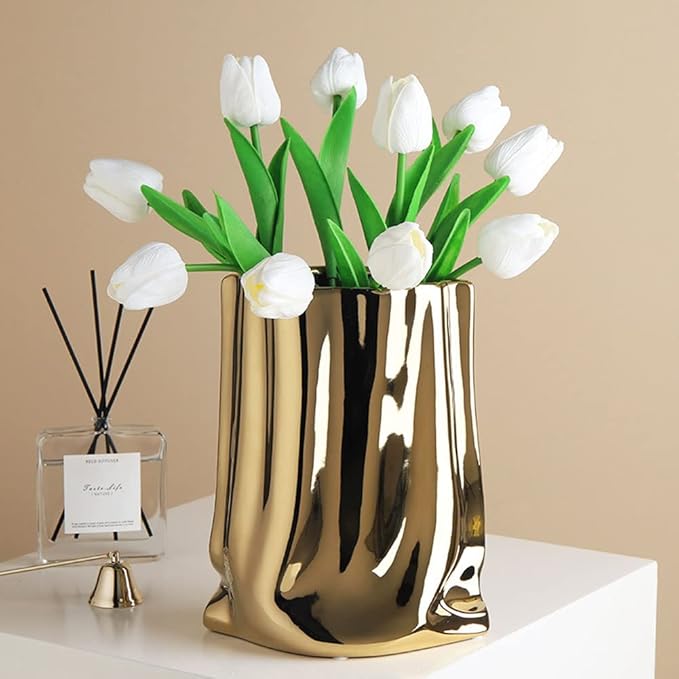 Gold Flower Vase, Paper Bag Ceramic Vase, Modern Metallic Luster Gold Vase Home Decor for Table Centerpieces, Living Room, Shelf Decor, Mantel (Gold-Large)