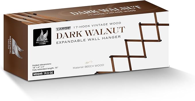 Expandable Wooden Coat Rack Hanger – Accordion Wall Mounted Pine Wood Hooks – Hand Made Vintage Expending Pegs – Hang Coat, Jacket, Hat, Leash, Towel, Mug, Bag – 17 Hook, Dark Walnut