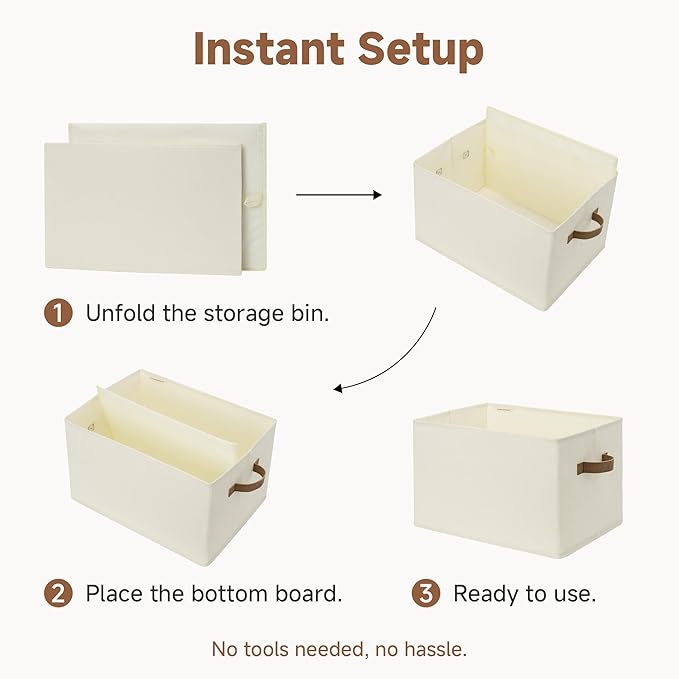 StorageWorks Storage Baskets for Shelves, Foldable Fabric Closet Storage Bins with PU Handles, Fabric Storage Bins Clothes Organizer, Ivory White, 3-Pack, Extra Large