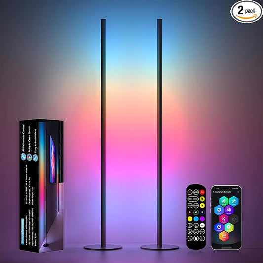 Corner Floor Lamp 1 Pair, LED Corner Lamp with Reomte, APP Control 16 Million DIY Color, Music Sync, Timing, Color Changing Ambient Lights for Living Room, Bedroom, Gaming(One Adaptor, Y Type Cord)