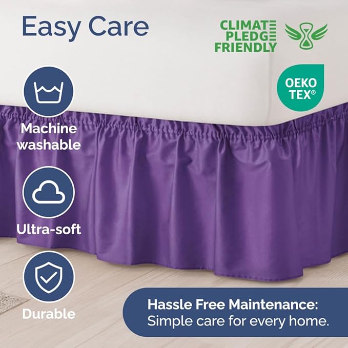 Wrap Around Dust Ruffle Bed Skirt - Purple - for Queen Size Beds with 12 Inch Drop - Easy Fit Elastic Strap - Adjustable Pleated Bedskirt w/Brushed Fabric Wrinkle Free - for Women, Men, Kids & Teens