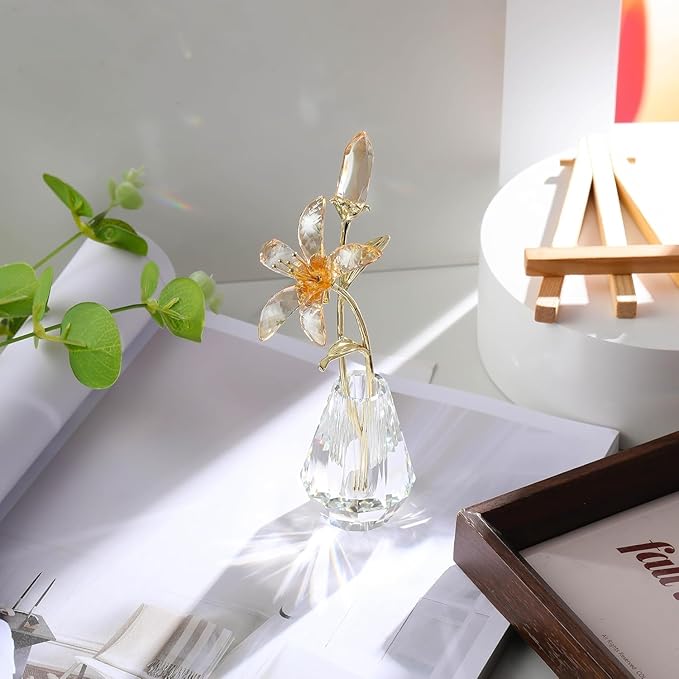 Movdyka Champagne Crystal Lily Flower Figurine with Stems - Handmade Collectible Statue for Decoration Mothers Day Centerpiece Valentines Day Bridal Shower Gift