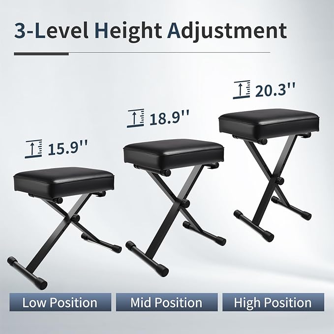Keyboard Bench Adjustable Piano Stool - 3 Levels of Height,Thickened 3.5inch Cushion,Comfortable and Supportive,Portable Piano Bench,Non-Slip and Durable,Suitable for Beginners&Outdoor Players (Black)
