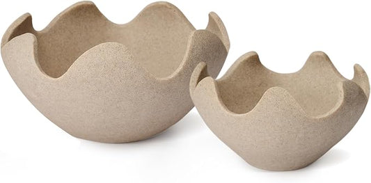 Wavy Decorative Bowl Home Decor - Set of 2 Modern Handmade Decorative Fruit Bowl for Kitchen Counter, Creative Centerpiece Decor for Entryway Table Coffee Table, Artificial Stone Beige
