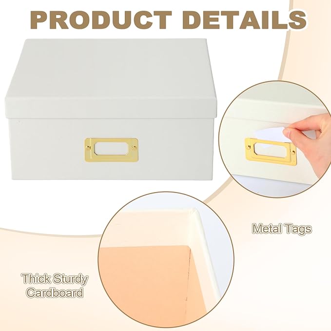 Eaasty Set of 4 Decorative Storage Boxes with Lids, Kraft Paper Boxes with Gold Label Holders, Decorative Photo Memory Keepsakes Storage, Cardboard Organizers for Home Decor, Office Organizing(White)