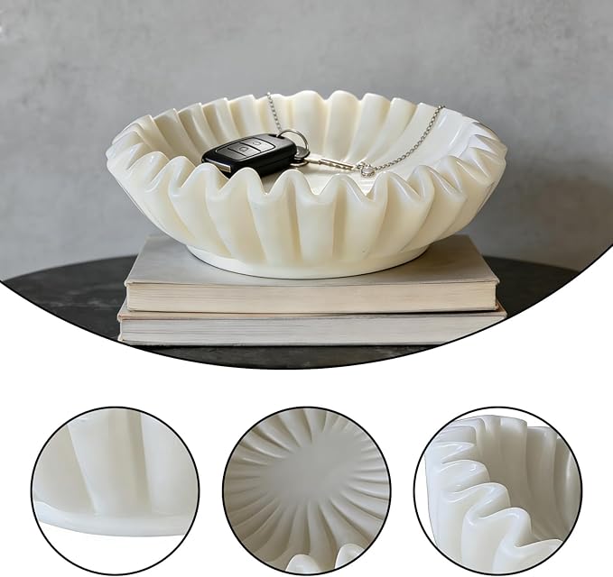 Large Key Bowl for Kitchen Counter, Decorative Scalloped Bowl for Keys Entryway Table (10 Inch, White)