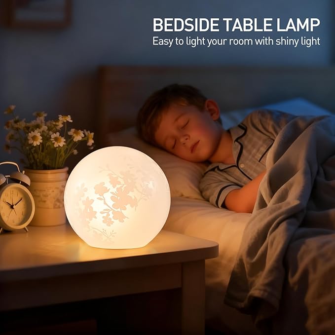 7.8 Inch Ball Table Lamp with Glass Shade Stylish Ball Light Lamp for Bedroom Living Room and Bookshelf Modern Design Perfect for Home Decor, Without Bulb (White Flower)