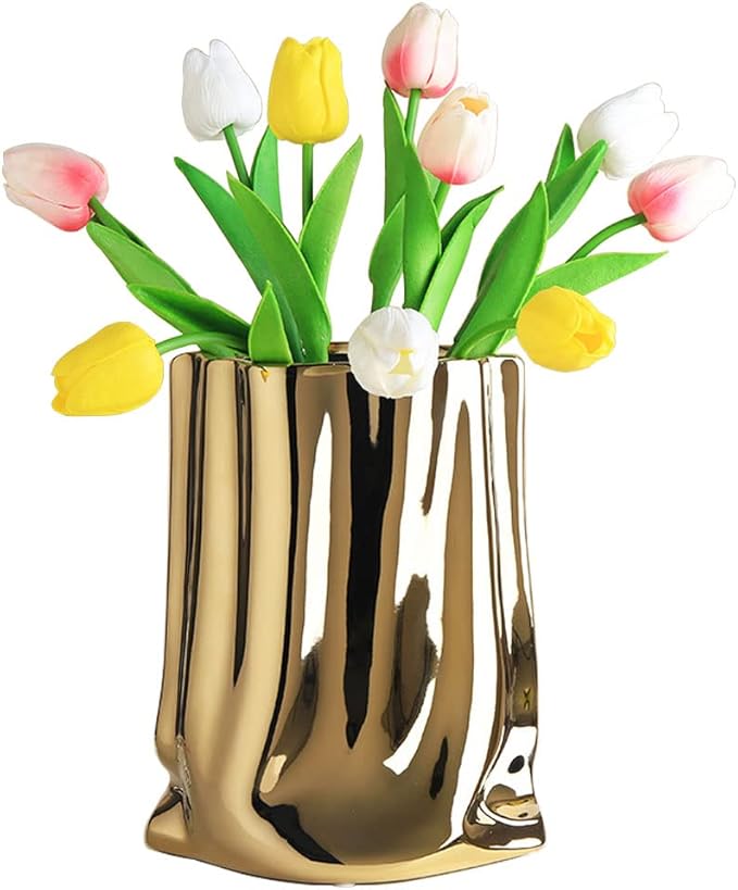 Gold Flower Vase, Paper Bag Ceramic Vase, Modern Metallic Luster Gold Vase Home Decor for Table Centerpieces, Living Room, Shelf Decor, Mantel (Gold-Large)