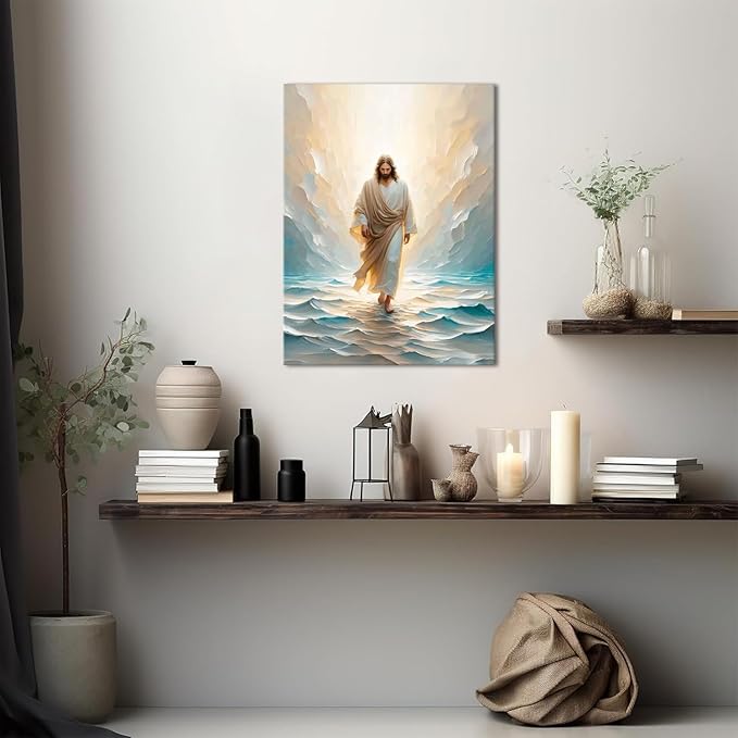 Jesus Walking on Water Canvas Wall Art Religious Christian Bible Stories Poster Oil Painting Wall Decor Religious Savior Pictures Aesthetic for Living Prayer Room Church Bedroom 12x16 in Framed