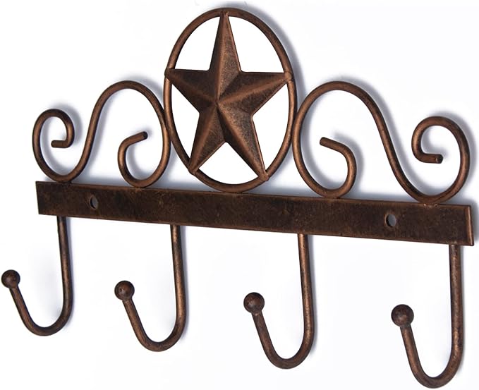 Metal Barn Star Key Rack Holder Wall Mounted Metal Decorative 10" Vintage Key with 4 Hooks Dark Brown Western Home Wall Decor