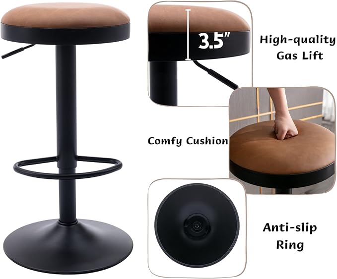 CIMOTA Swivel Round Bar Stools Set of 1 Backless Adjustable Counter Height Barstools Modern Industrial PU Leather Bar Stool Chair for Kitchen/Home Bar/Pub/Bistro/Office, Retro Brown