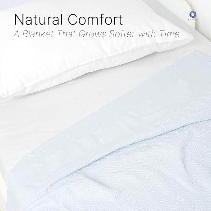9Threads 100% Cotton Herringbone Weave Blankets, 90"X90" Queen, Throw Blanket for Bed,All Season Cotton Blanket, Cozy Blanket,Throws Bed Blanket,Throw Blanket for Couch,Modern Home Decor -Light Blue