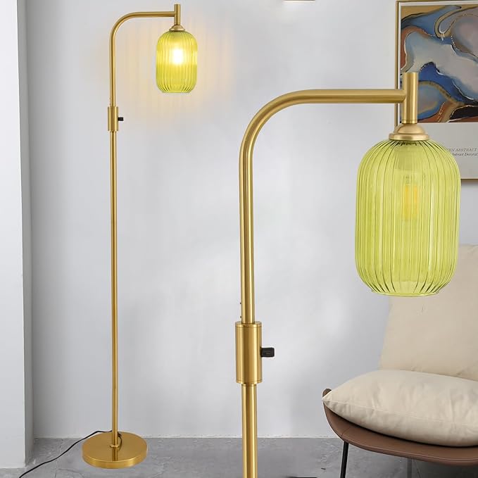 Asmymhd Dimmable Brass Gold Floor Lamp, Mid Century Modern Standing Lamp with Ribbed Green Glass Lampshade,Tall Lamp for Living Room Bedroom Study Room