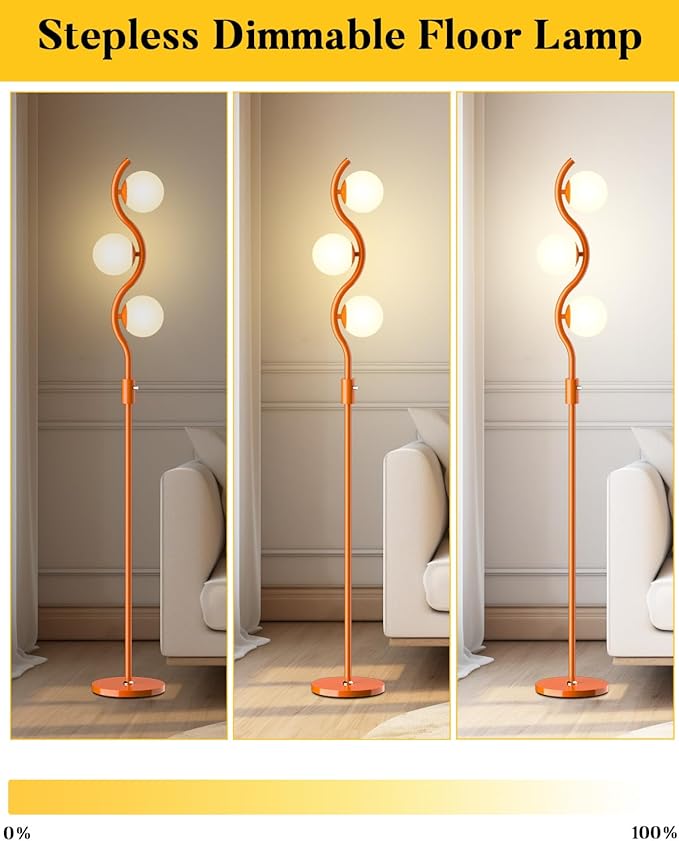 Lightdot 3-Globe Dimmable Floor Lamp Orange Mid Century Modern Standing Lamp with 3PCS 3000K G9 Bulbs Stepless Brightness Adjustable Stable Base for Living Room, Bedroom, Office
