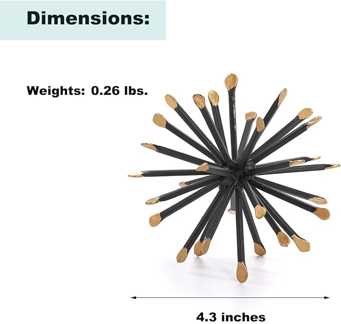 Black & Gold Sphere Decor, Metal Starburst Table Shelf Decor, Geometric Decorative Objects for Shelves, 3D Spike Decor Sculpture Home Decor Accents, 4.3”