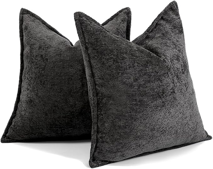 DEZENE Pack of 2 Black Decorative Throw Pillow Covers 22x22 Cozy Soft Chenille Accent Vintage Square Couch Pillow Covers for Home Decor Bed Sofa Living Room