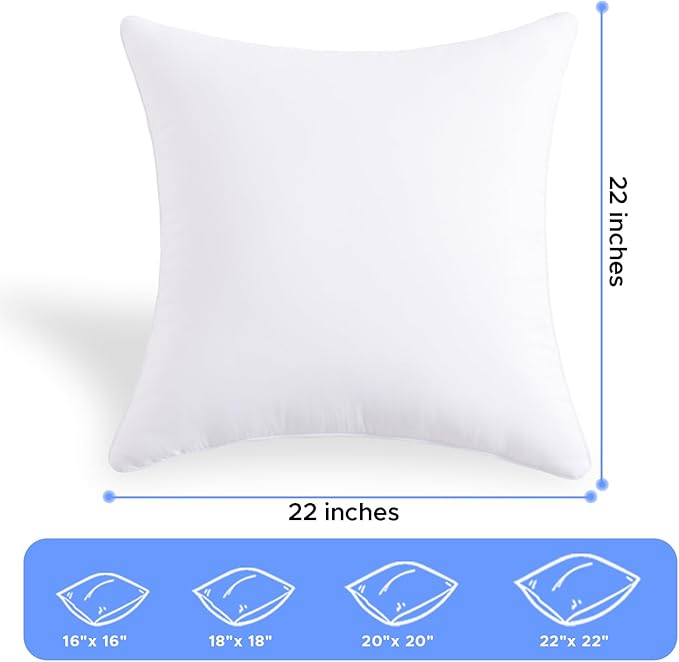22x22 Outdoor Pillow Inserts Set of 2 Waterproof Hypoallergenic Oversized Throw Cushion Fillers – Square Polyester White Decorative Pillows for Couch Bed Sofa Patio Furniture – Soft & Firm Support