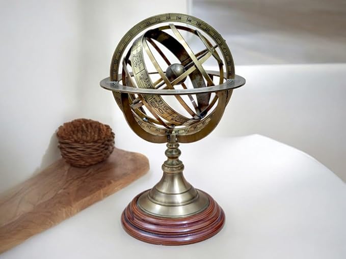Antique Vintage Zodiac Armillary Decorative Globe with Wooden Base - 8 Inch Brass Sphere World Globe Zodiac Engraved Celestial, Antique Ship Decor
