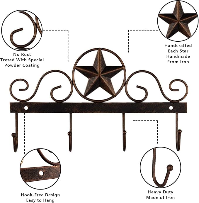 Metal Barn Star Key Rack Holder Wall Mounted Metal Decorative 10" Vintage Key with 4 Hooks Dark Brown Western Home Wall Decor