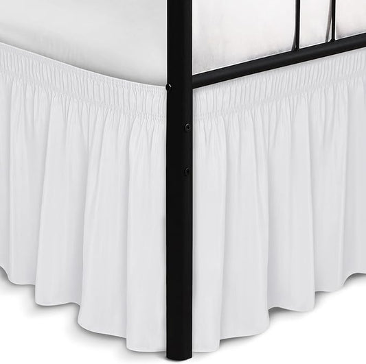 Biscaynebay Wrap Around Bed Skirts with Split Corners for Queen Beds 15" Drop, White Adjustable Elastic Dust Ruffles Easy Fit Wrinkle Resistant Silky Luxurious Fabric Machine Washable